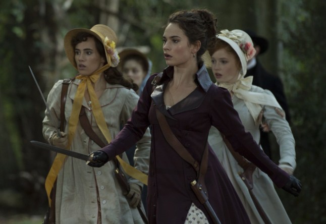 Lily James looking shocked in Pride and Prejudice and Zombies.