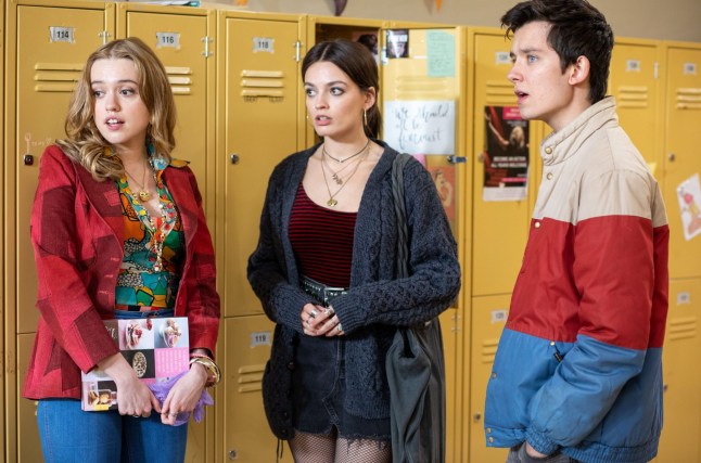 Aimee Lou Wood as Aimee Gibbs, Emma Mackey as Maeve Wiley and Asa Butterfield as Otis Milburn 'Sex Education' TV Show Season 2 - 2020 A teenage boy with a sex therapist mother teams up with a high school classmate to set up an underground sex therapy clinic at school. Editorial use only. No book cover usage. Mandatory Credit: Photo by Sam Taylor/Eleven/Netflix/Kobal/Shutterstock (10567733i)