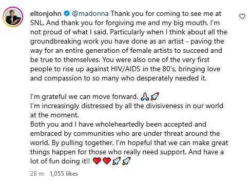 Sir Elton John apology to Madonna on Instagram