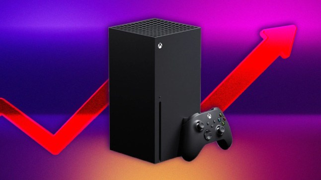 Xbox Series X console and controller with an arrow rising behind it