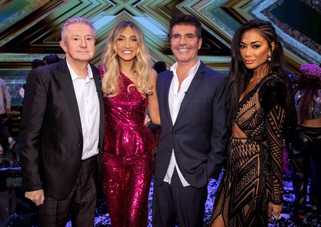 Editorial Use Only. No Book Publishing. Mandatory Credit: Photo by Dymond/Thames/Syco/REX/Shutterstock (10488463er) Megan McKenna celebrates victory with Louis Walsh, Simon Cowell and Nicole Scherzinger 'The X Factor: Celebrity' TV show, Series 1, Episode 8, The Final, London, UK - 30 Nov 2019