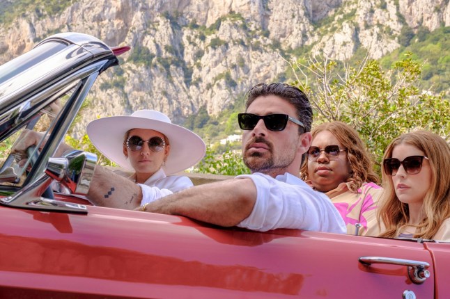 This image released by Amazon shows Blake LIvely, from left, Michele Morrone, Alex Newell and Anna Kendrick in a scene from "Another Simple Favor." (Lorenzo Sisti/Amazon via AP)
