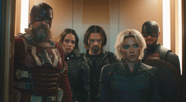 This image released by Marvel Studios shows, from left, David Harbour, Hannah John-Kamen, Sebastian Stan, Florence Pugh and Wyatt Russell in a scene from "Thunderbolts." (Disney-Marvel Studios via AP)