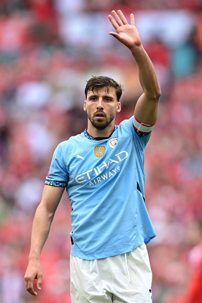 LONDON, ENGLAND - APRIL 27: Ruben Dias of Manchester City gestures during the Emirates FA Cup Semi Final match between Nottingham Forest and Manchester City at Wembley Stadium on April 27, 2025 in London, England. (Photo by Fantasista/Getty Images)