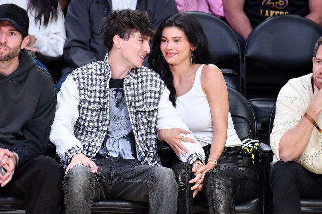 LOS ANGELES, CALIFORNIA - APRIL 30: Timothee Chalamet and Kylie Jenner attend a basketball game between the Los Angeles Lakers and the Minnesota Timberwolves at Crypto.com Arena on April 30, 2025 in Los Angeles, California. NOTE TO USER: User expressly acknowledges and agrees that, by downloading and or using this photograph, User is consenting to the terms and conditions of the Getty Images License Agreement. (Photo by Allen Berezovsky/Getty Images)