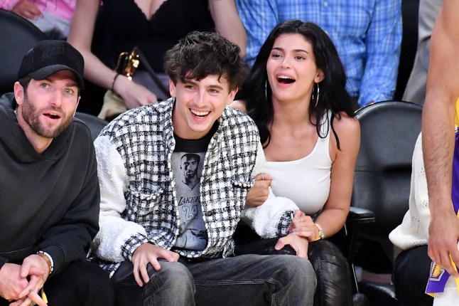 LOS ANGELES, CALIFORNIA - APRIL 30: Timothee Chalamet and Kylie Jenner attend a basketball game between the Los Angeles Lakers and the Minnesota Timberwolves at Crypto.com Arena on April 30, 2025 in Los Angeles, California. NOTE TO USER: User expressly acknowledges and agrees that, by downloading and or using this photograph, User is consenting to the terms and conditions of the Getty Images License Agreement. (Photo by Allen Berezovsky/Getty Images)