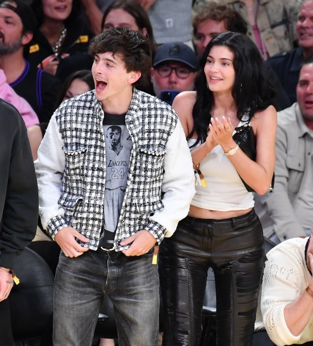 LOS ANGELES, CALIFORNIA - APRIL 30: Timothee Chalamet and Kylie Jenner attend a basketball game between the Los Angeles Lakers and the Minnesota Timberwolves at Crypto.com Arena on April 30, 2025 in Los Angeles, California. NOTE TO USER: User expressly acknowledges and agrees that, by downloading and or using this photograph, User is consenting to the terms and conditions of the Getty Images License Agreement. (Photo by Allen Berezovsky/Getty Images)