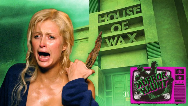 A compilation image of Paris Hilton as Paige in House Of Wax. She is standing in front of the wax museum and screaming while holding a pointed weapon