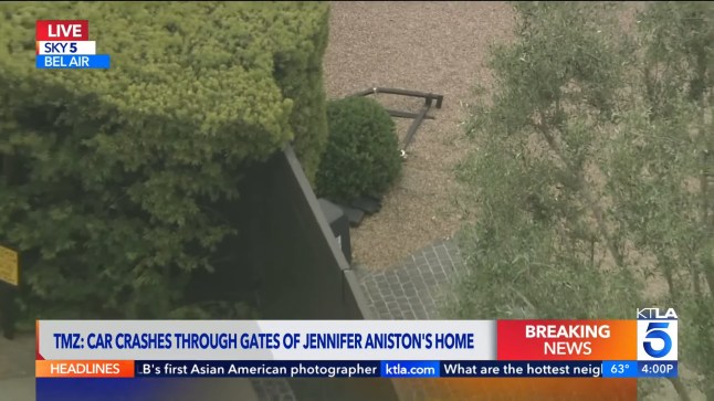 Please embed video if using grabs: https://www.youtube.com/watch?v=72ODnGD-bZU May 5, 2025: An elderly man was arrested on Monday afternoon after he crashed through the front gates of actress Jennifer Aniston?s home in Bel Air, according to police and multiple media outlets. Sky5 was overhead with KTLA's Gil Leyva.