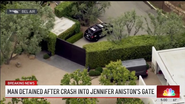 Please embed video if using grabs: https://www.youtube.com/watch?v=t66O1xT4_wQ Man crashes into gate of the house of Jennifer Aniston in Bel Air. The "Friends" star was home at the time of the crash.