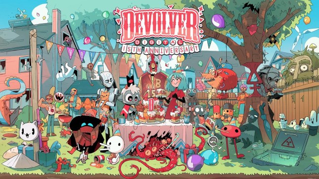 Devolver Digital 15th anniversary art depicting characters from multiple games attending an outdoor party
