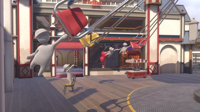 Huma Fall Flat 2 grey featureless humanoids grabbing hold of chairs suspended from wires