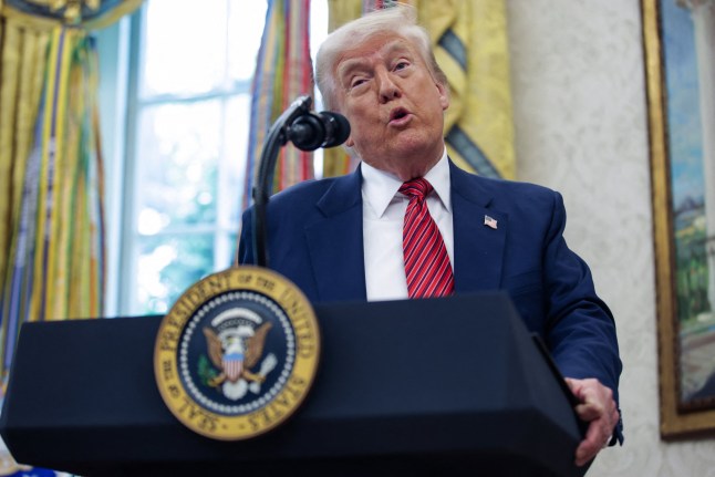 Mandatory Credit: Photo by Pool/ABACA/Shutterstock (15288897e) U.S. President Donald Trump speaks before swearing in former U.S. Senator David Perdue as the United States Ambassador to the Peoples Republic of China in the Oval Office at the White House on May 7, 2025 in Washington, D.C. () DC: President Trump Swears in David Perdue as U.S. Ambassador to China, Washington, United States - 07 May 2025