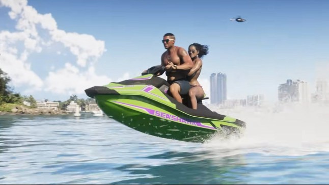 GTA 6 Jason and Lucia riding a jetski across the water