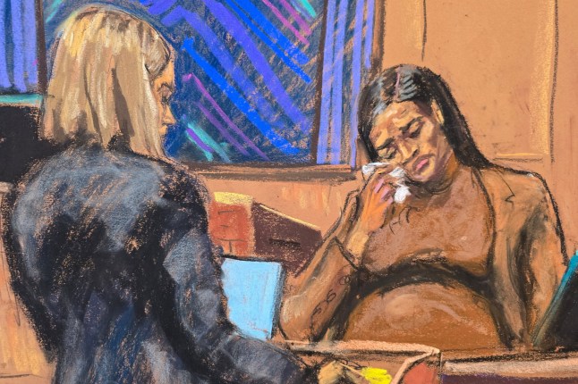 Sean "Diddy" Combs' former girlfriend Casandra "Cassie" Ventura reacts during testimony to prosecutor Emily Johnson at Combs' sex trafficking trial in New York City, New York, U.S., May 13, 2025 in this courtroom sketch. REUTERS/Jane