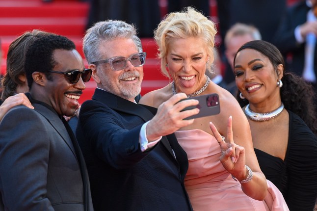 Mandatory Credit: Photo by David Fisher/Shutterstock (15298009bt) Christopher Mcquarrie takes a selfie with Hannah Waddingham, Tom Cruise, Tramell Tillman and Angela Bassett 'Mission: Impossible - The Final Reckoning' premiere, 78th Cannes Film Festival, France - 14 May 2025